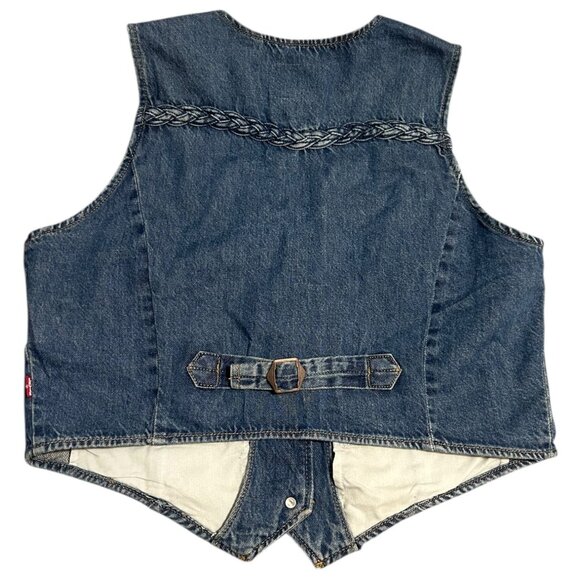 Levi’s Premium Braided Denim Vest L Dark Wash Western Boho Retro Festival - Picture 4 of 10